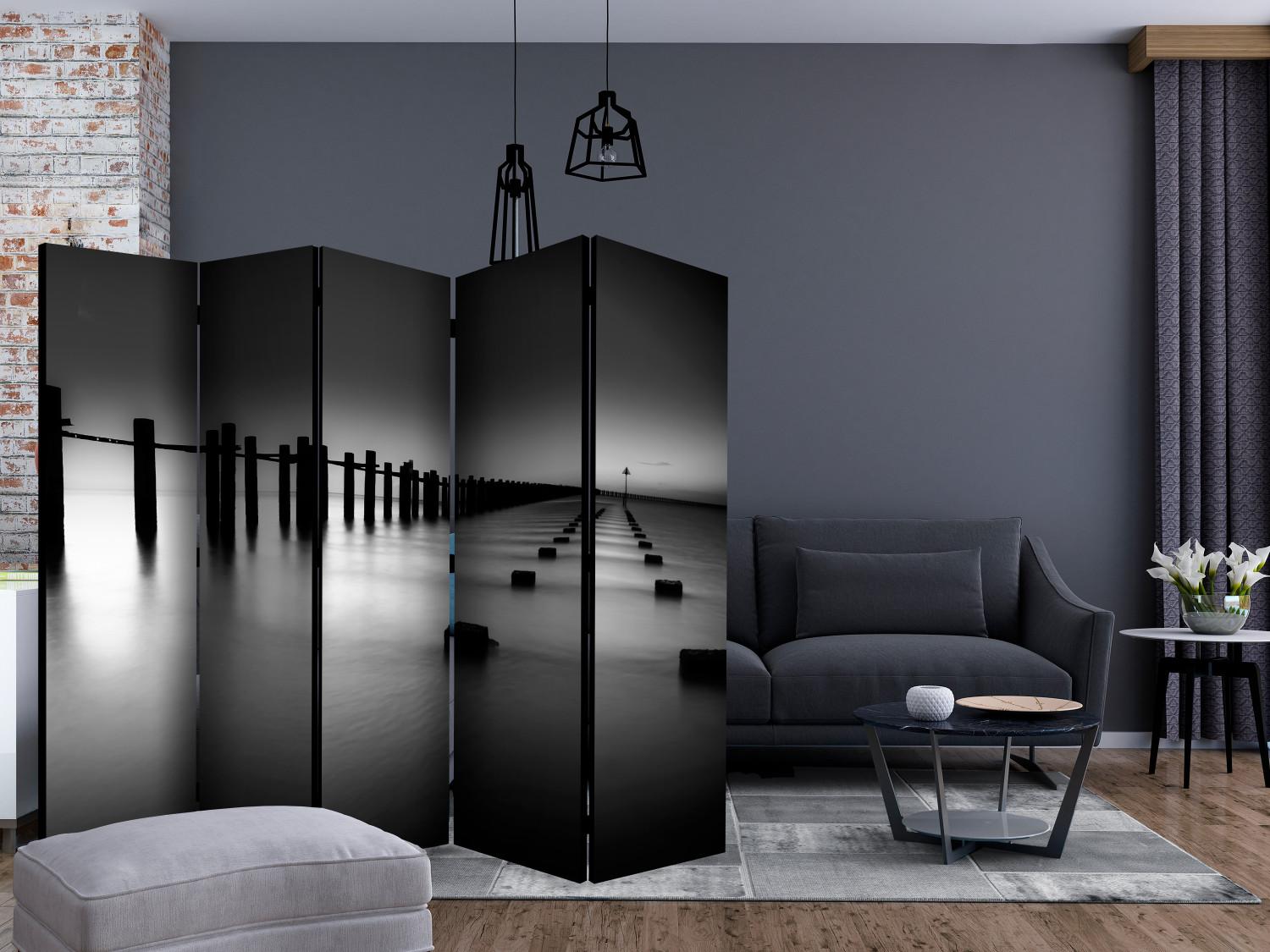Room Divider Beyond the Horizon II (5-piece) - black and white seascape with calm sea