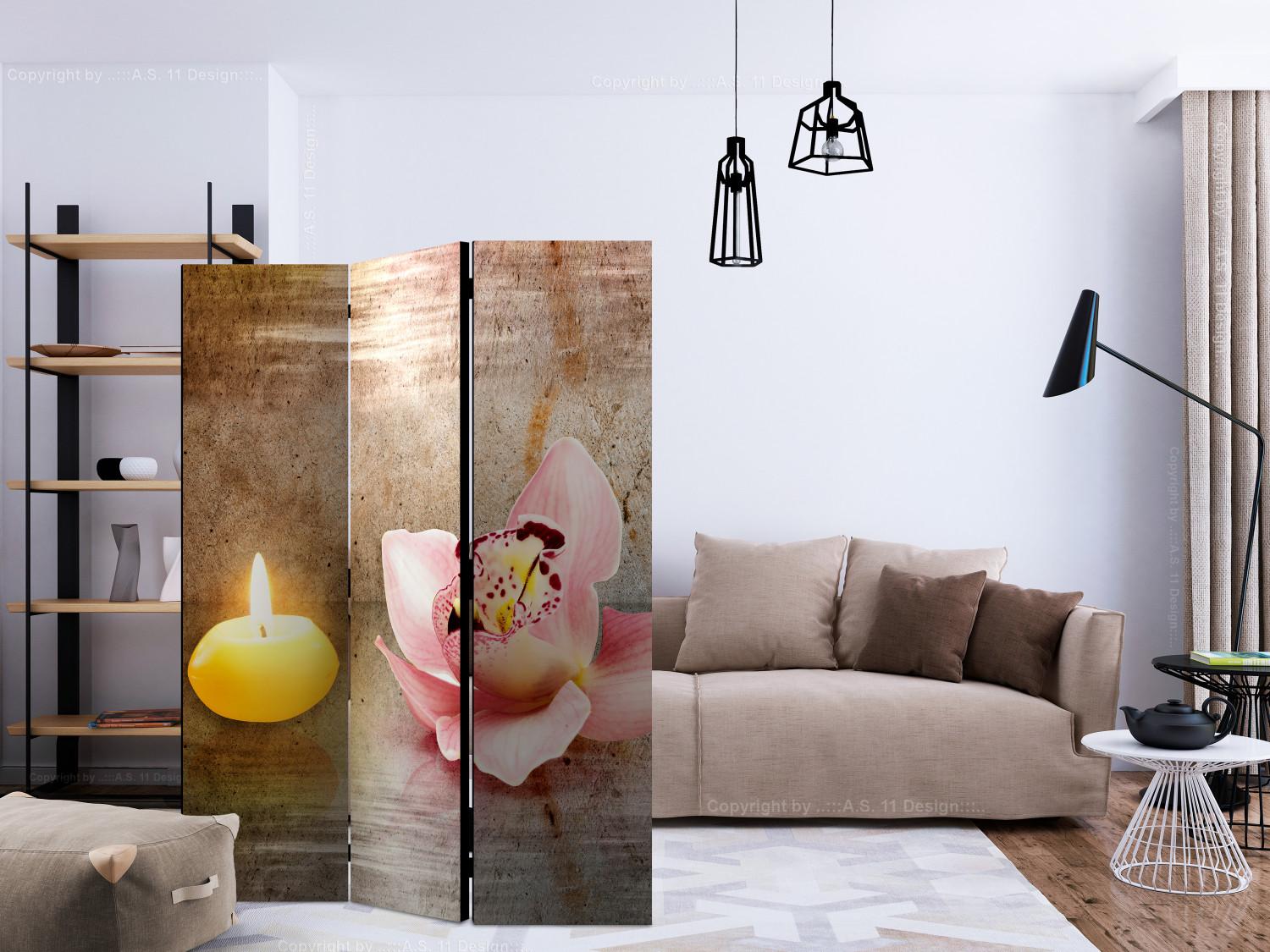 Room Divider Romantic Evening (3-piece) - pink orchid and yellow candle