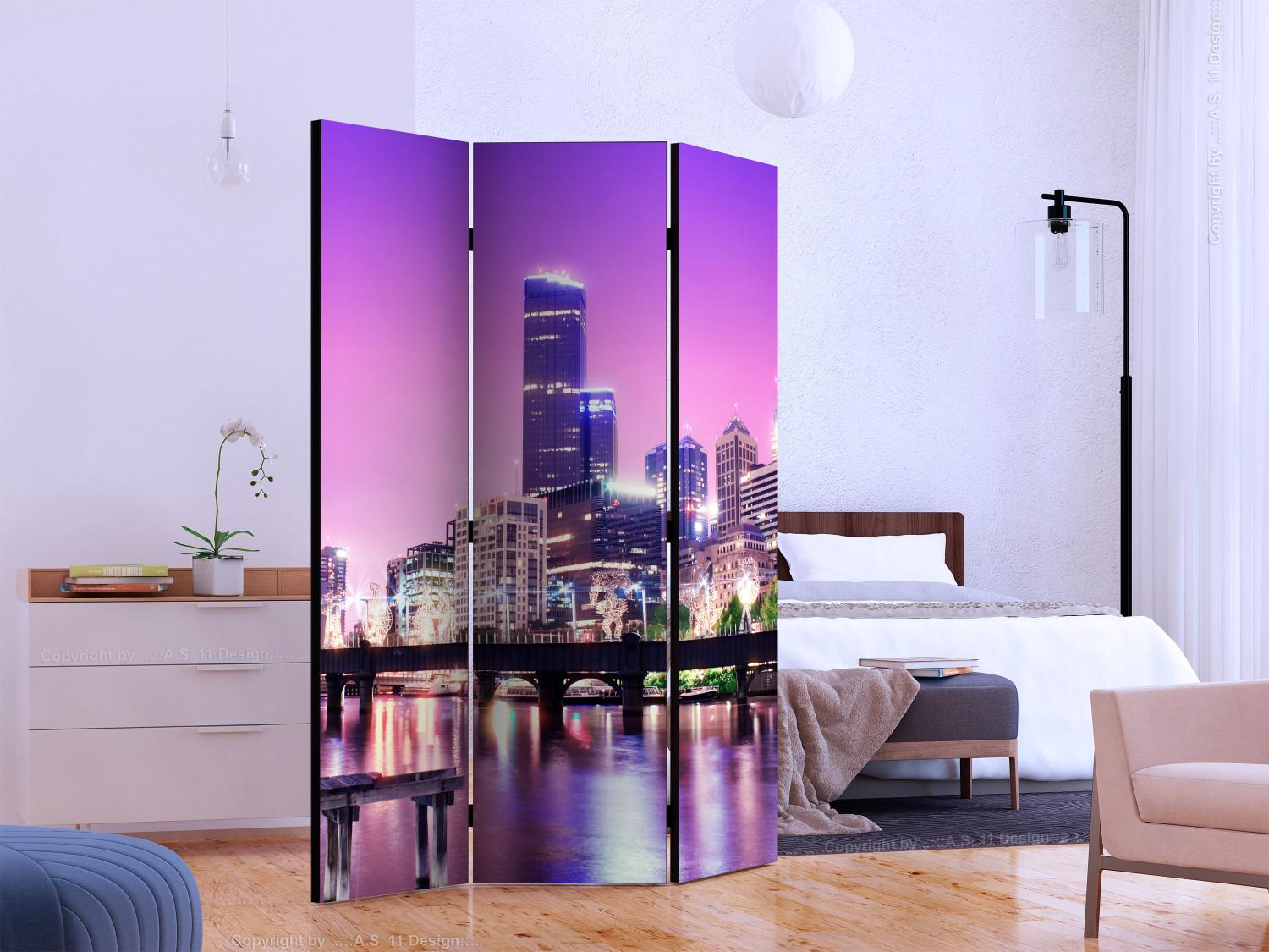 Room Divider Purple Melbourne (3-piece) - skyscrapers against a purple sky