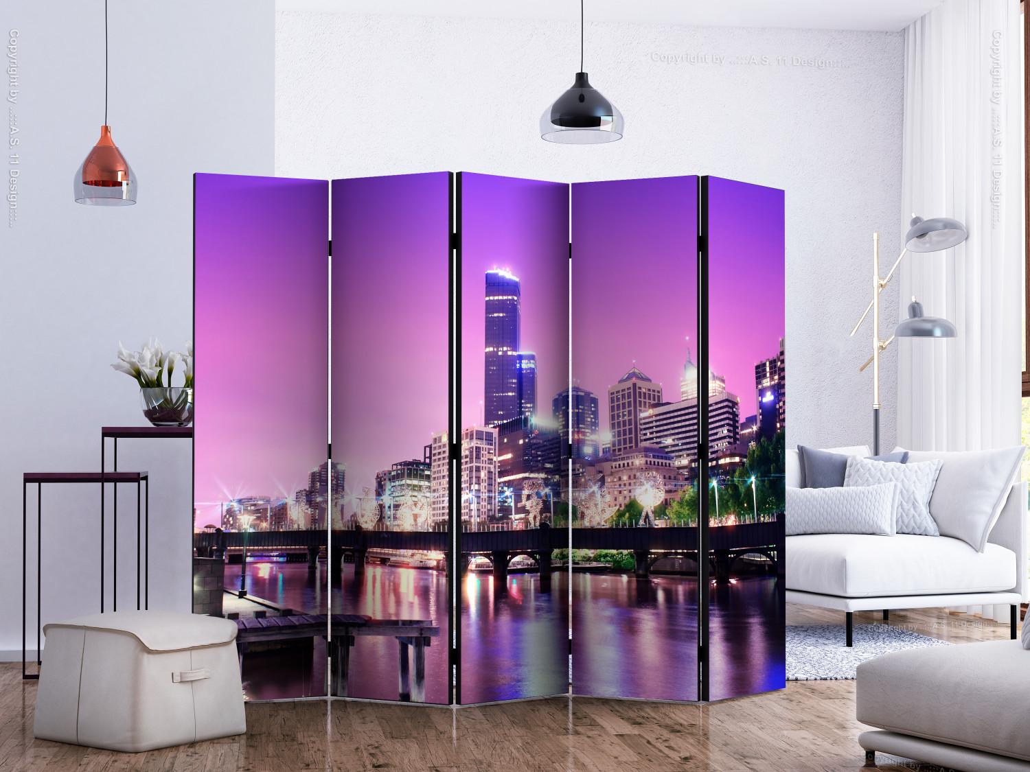 Room Divider Purple Melbourne II (5-piece) - skyscrapers against the night sky