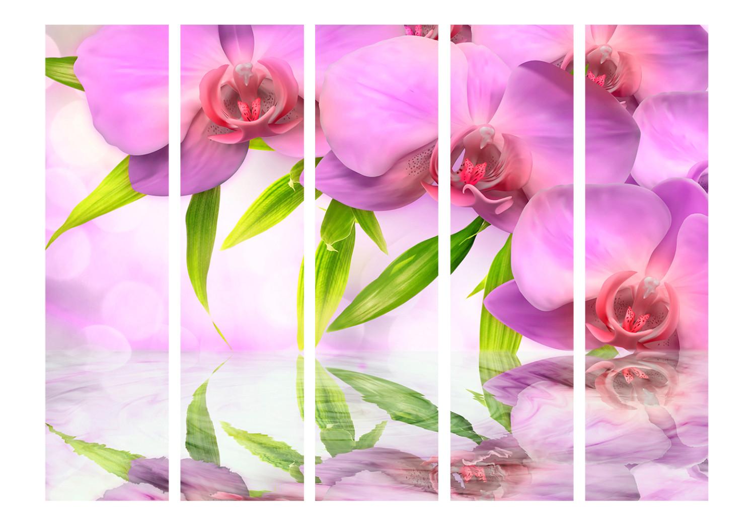 Room Divider Orchid Spa II (5-piece) - pink flowers and leaves on the water surface