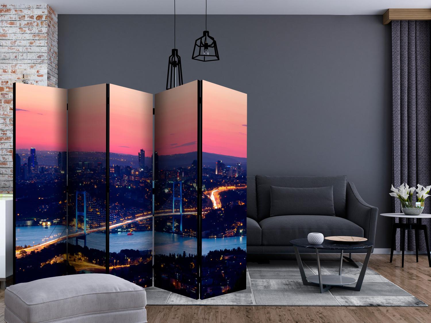 Room Divider Bosphorus Bridge II (5-piece) - cityscape and pinkish sky