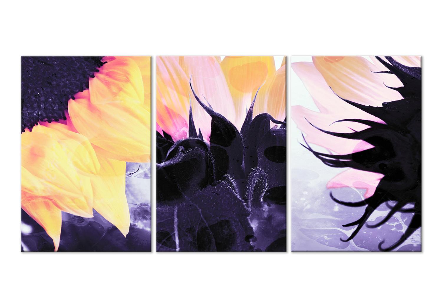 Canvas Triptych with sunflowers - fragments of flowers on purple background