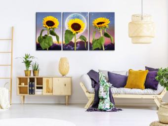 Canvas Sunflowers on clouds background - triptych with flowers, moon and sky