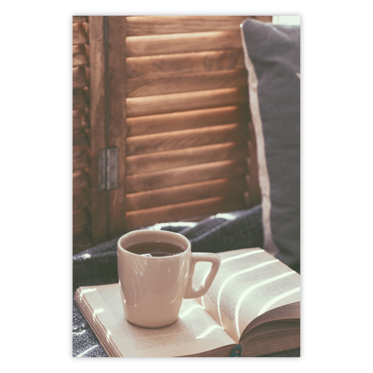 Poster Mug of Memories - open book with tea against wooden doors