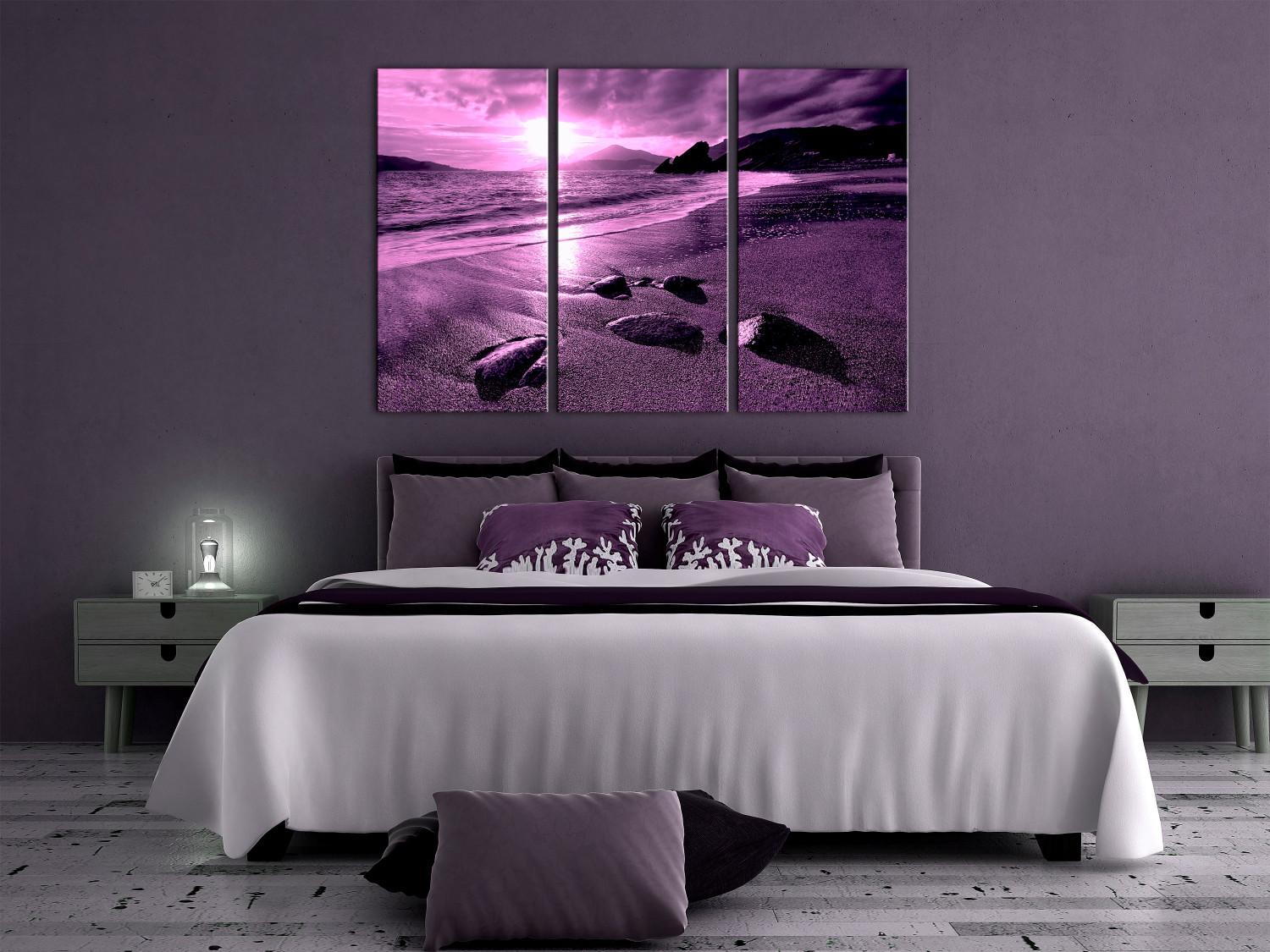 Canvas Purple sunset - triptych with beach, sea and mountains in background