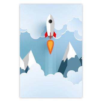 Poster Rocket in the Clouds - rocket flying amidst mountains and clouds in a pastel style