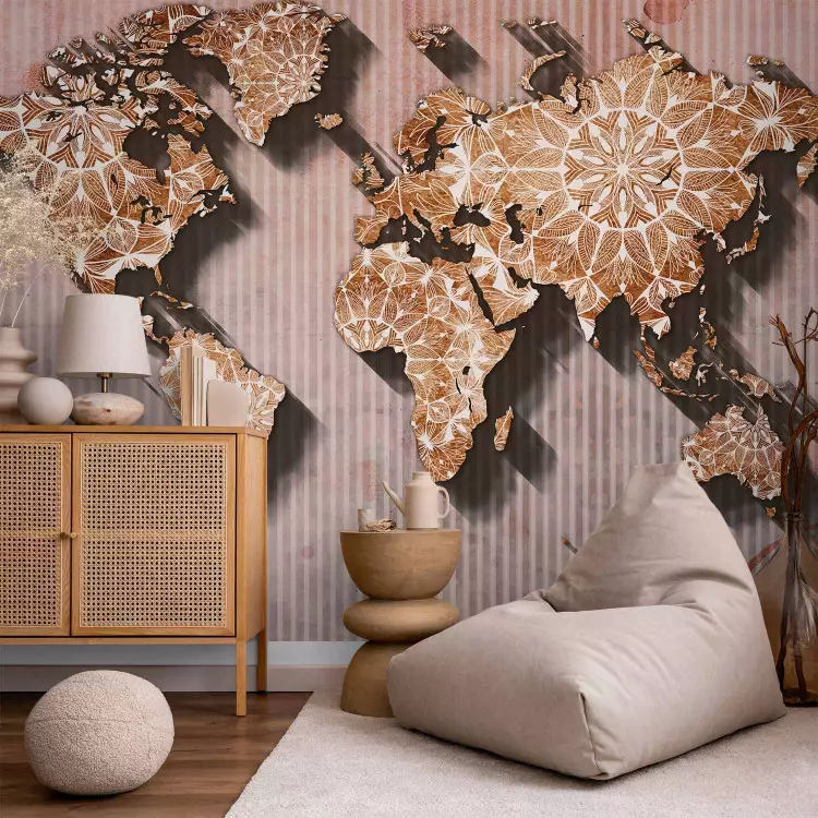Wall Mural Map with fragments of white mandala - composition on brown background