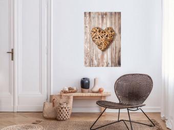 Poster Warm Heart - brown heart with a bouquet on a wooden texture