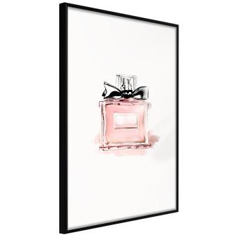 Perfume - pink bottle with a black ribbon on a subtly pastel background