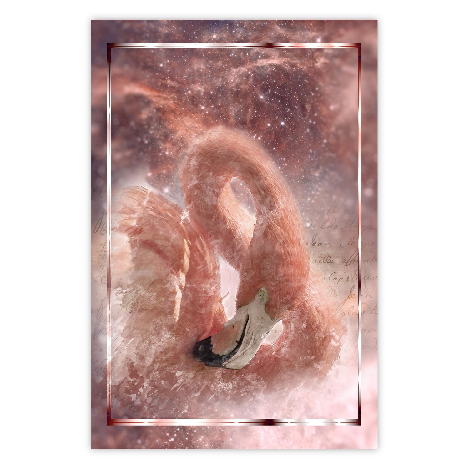 Poster Cosmic Flamingo - bird against a cosmic background with pink stars