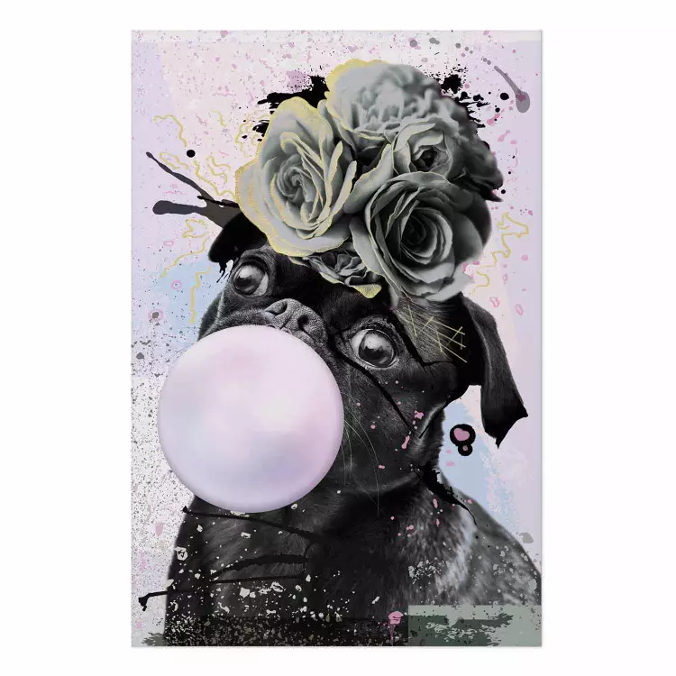 Poster Pug with Chewing Gum - black and amusing dog with flowers on a pastel background