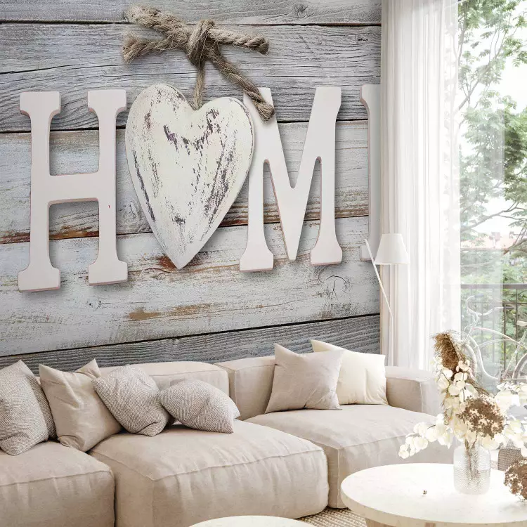 Wall Mural Domestic love - English lettering on a grey background with wood texture