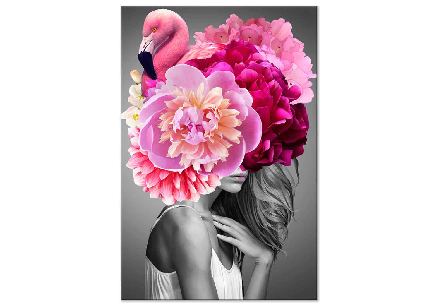 Canvas Flamingo Girl (1-part) vertical - woman with bird and peony