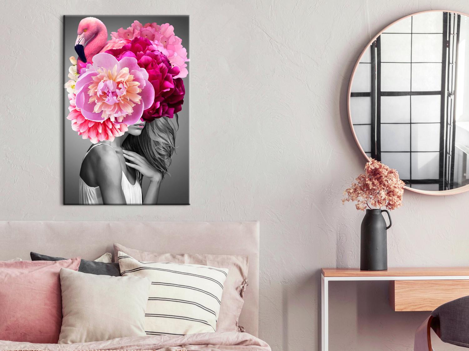 Canvas Flamingo Girl (1-part) vertical - woman with bird and peony
