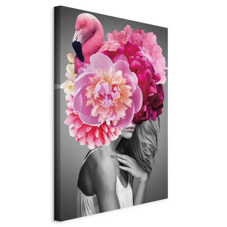 Flamingo Girl vertical - woman with bird and peony