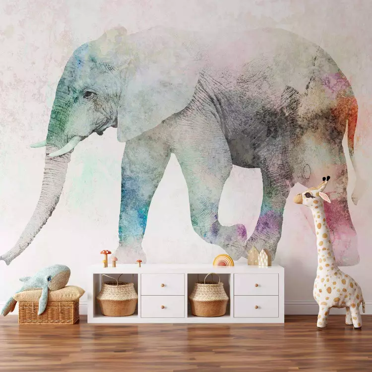 Wall Mural African animals - elephant on a solid textured background with coloured accent