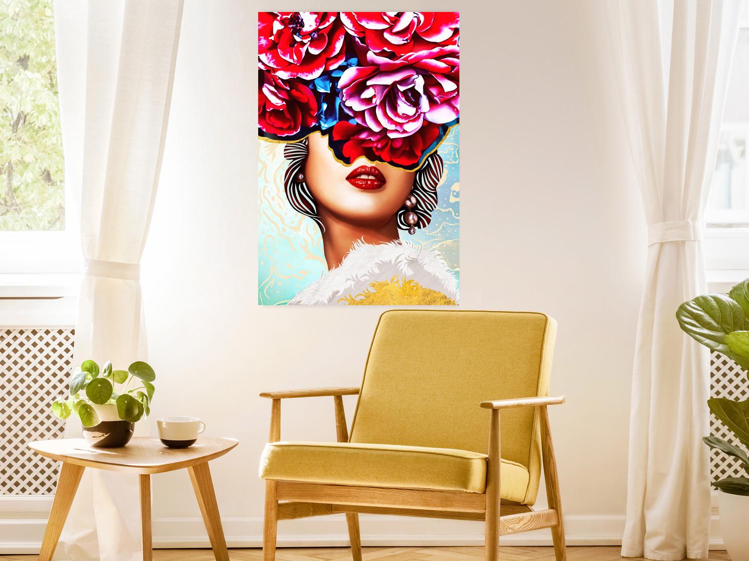 Poster Sweet Lips - abstract portrait of woman with flowers on light background