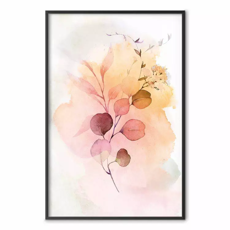 Watercolor Twig - plant with leaves on background of abstract colors