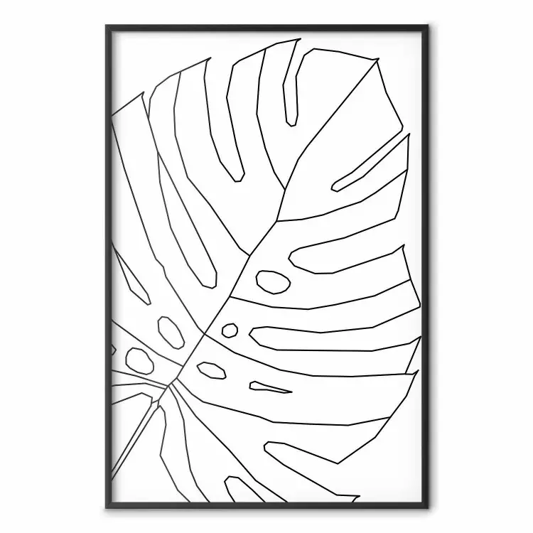 Monstera Drawing - black and white line art of monstera leaf on light background