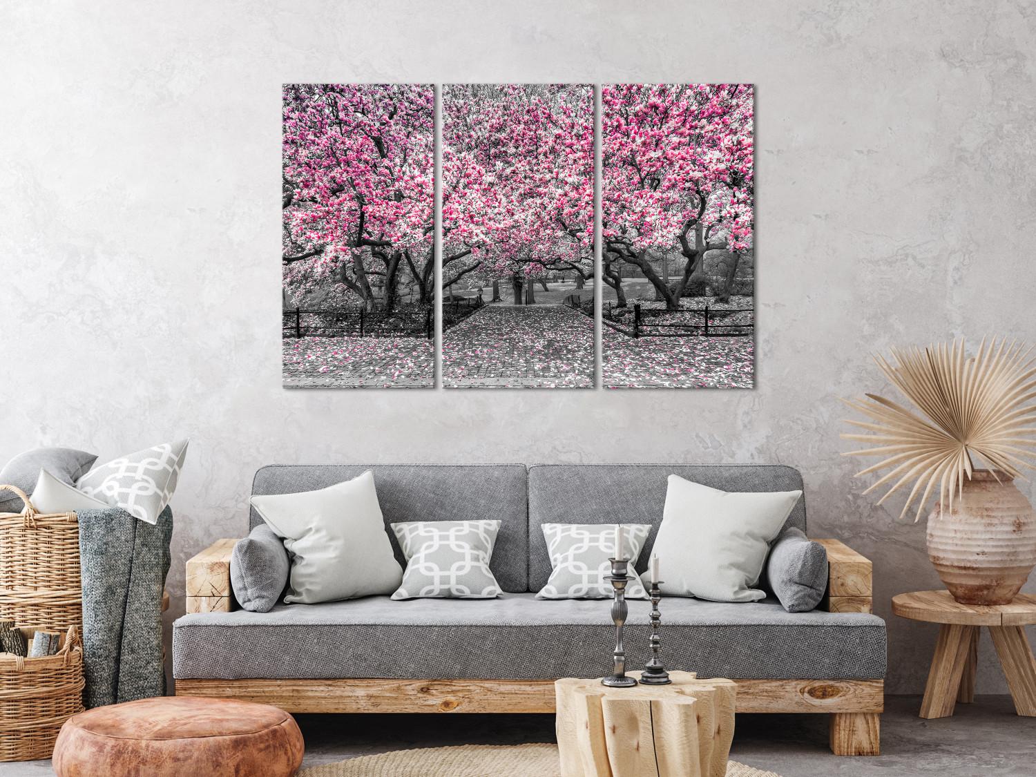 Canvas Blooming Magnolias - triptych with magnolia trees and pink flowers