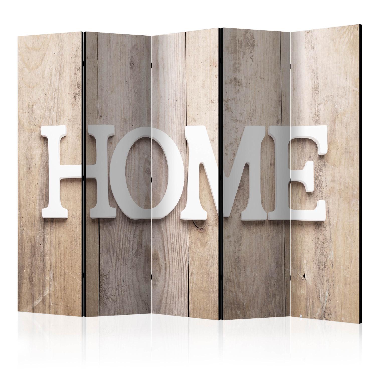 Room Divider Home on Planks (5-piece) - white text on light brown wood