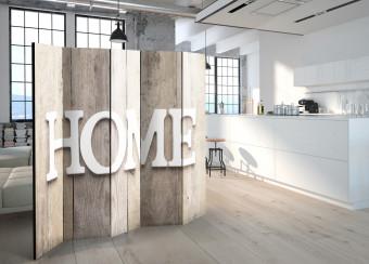 Room Divider Home on Planks (5-piece) - white text on light brown wood