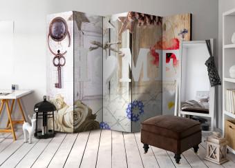 Room Divider Home: Memories Charm (5-piece) - collage of various items with texts in the background