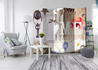 Room Divider Home: Memories Charm (5-piece) - collage of various items with texts in the background
