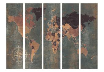 Room Divider Retro World Map (5-piece) - continents and gray oceans