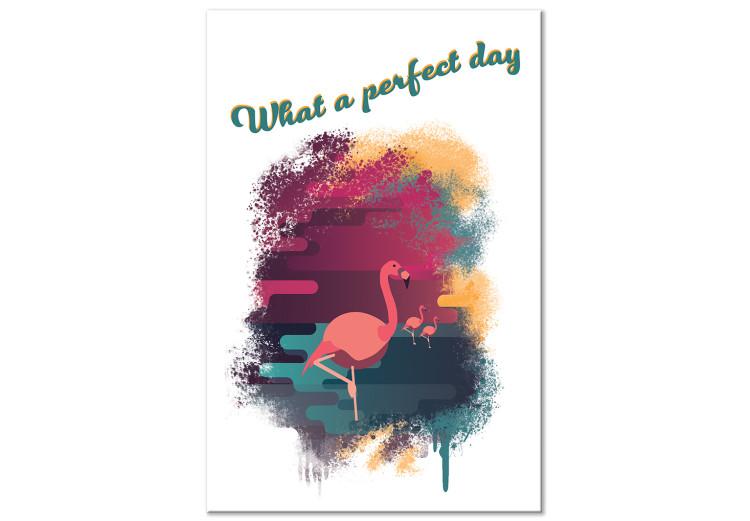 Canvas Print What a perfect day - pink flamingos with English inscription