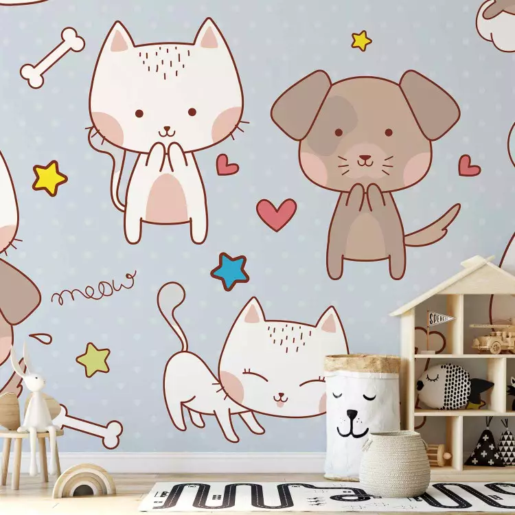 Wall Mural Friendly kitties - childish pattern with animals on a blue background