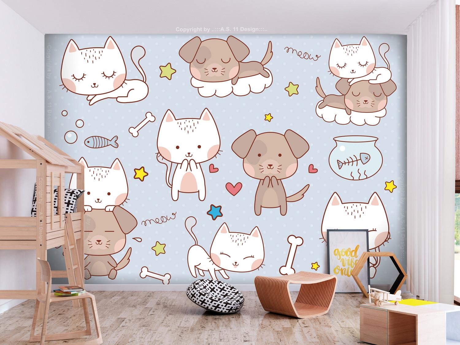 Wall Mural Friendly kitties - childish pattern with animals on a blue background