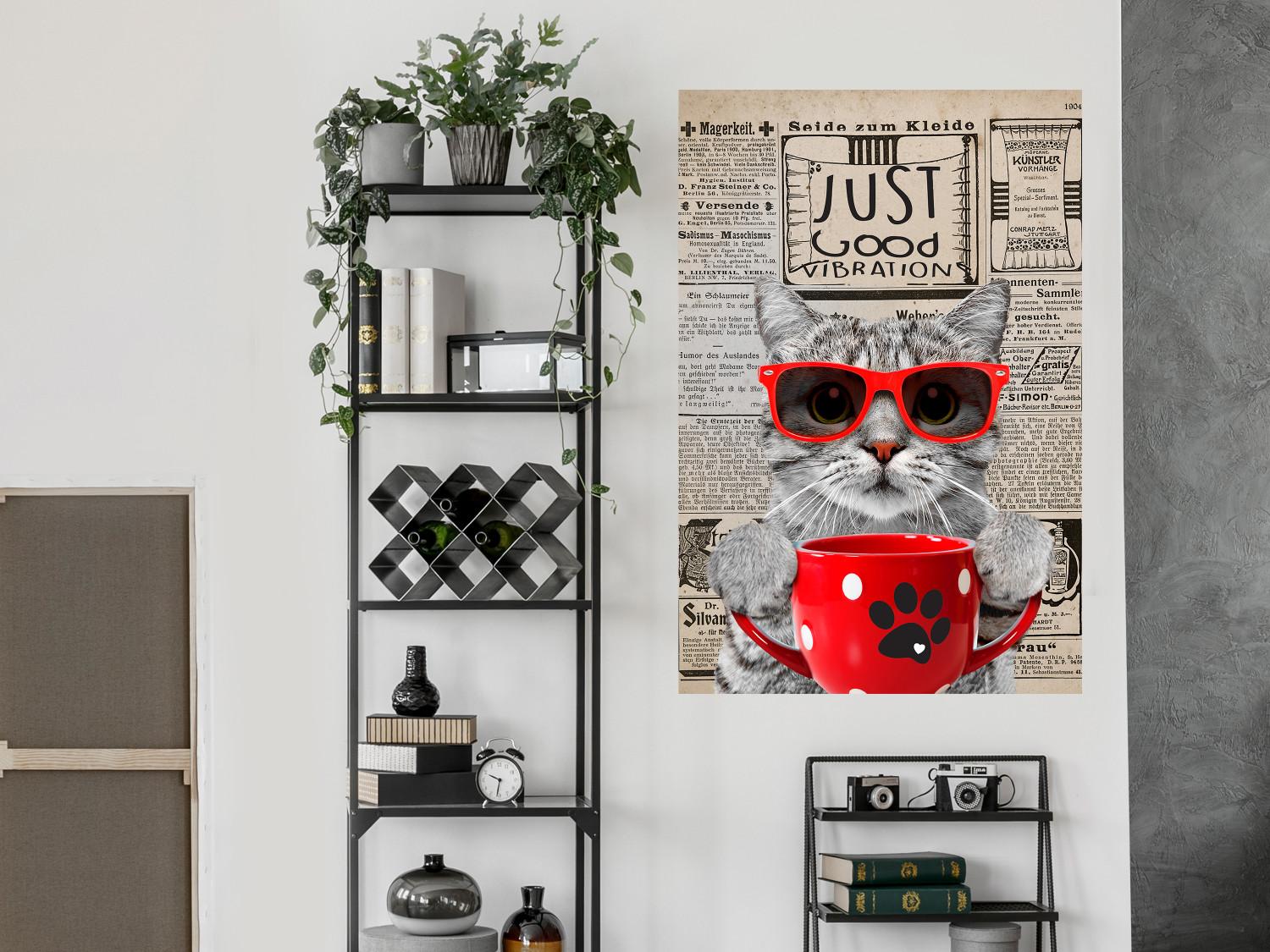 Poster Cat with Coffee - funny composition with domestic pet and text in the background