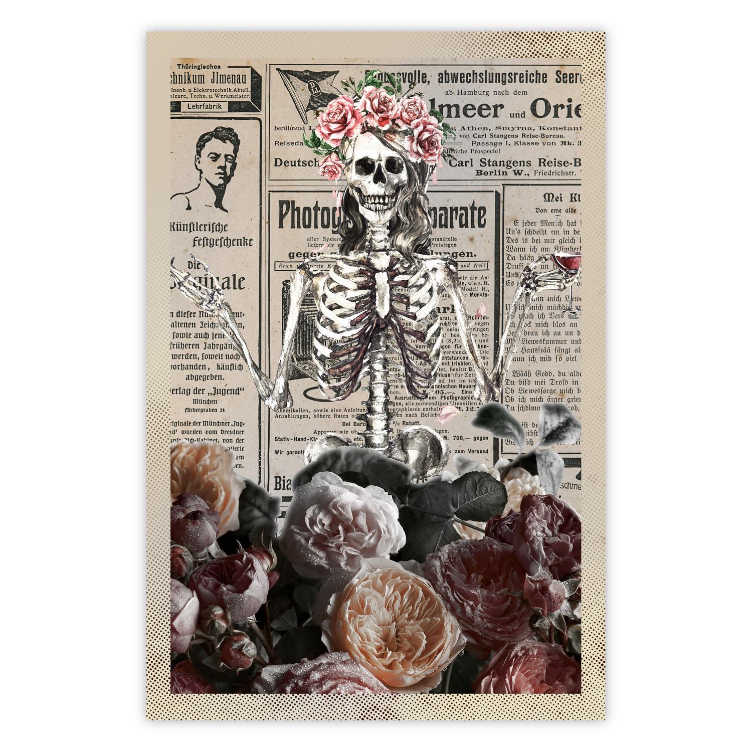 Poster Death and Wine - abstraction with character among flowers and text in the background