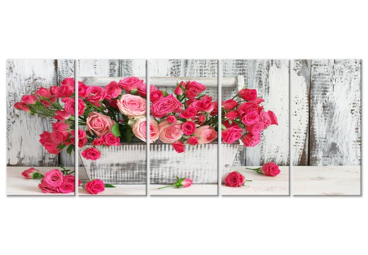 Canvas Print Roses in a Pot (5-part) wide - pink flowers in vintage style