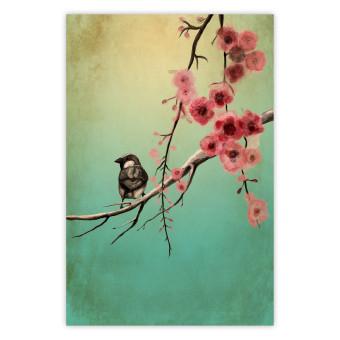 Poster Cherry Blossoms - colorful composition with a small bird among branches