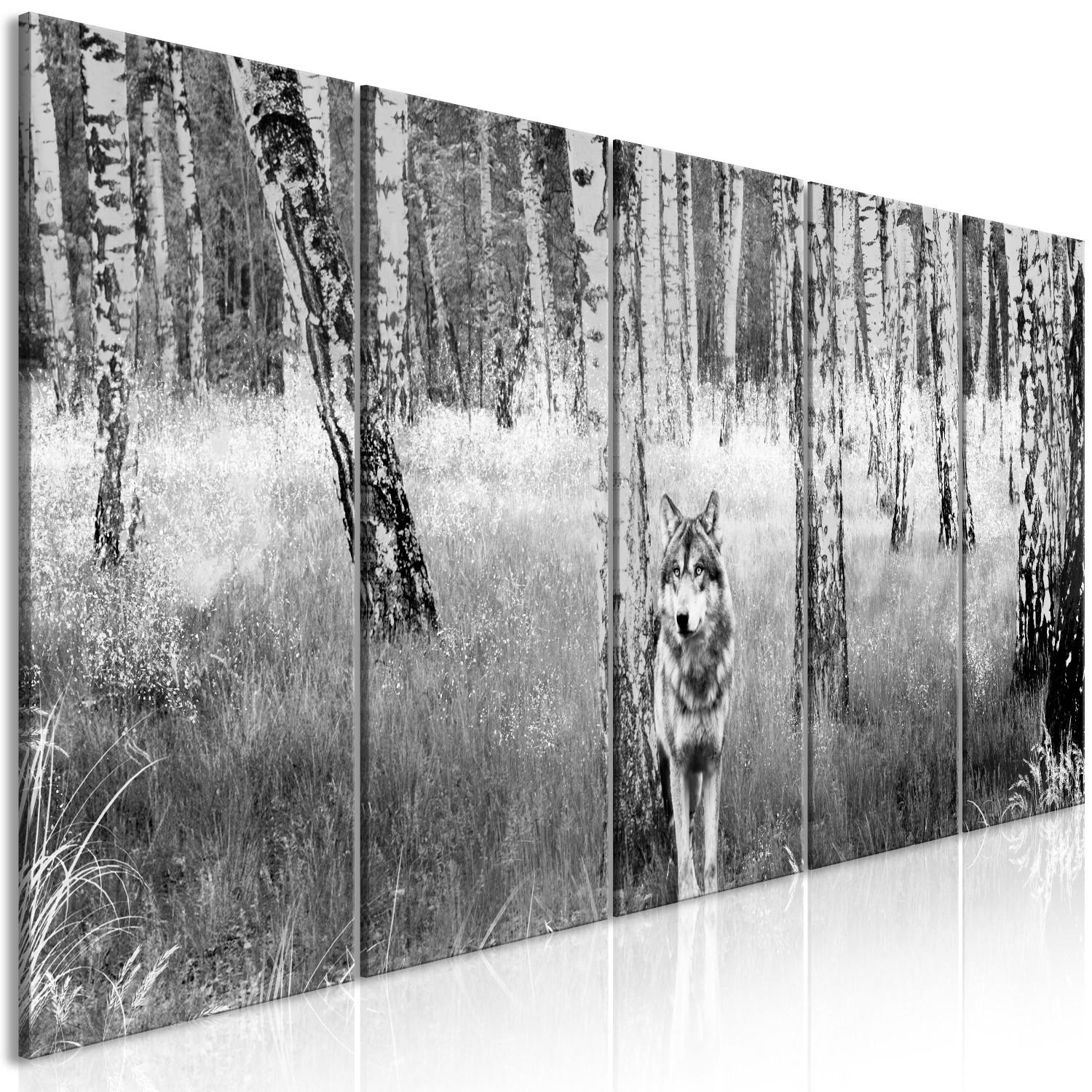 Canvas Lone Predator (5-part) narrow - wolf in a black and white forest