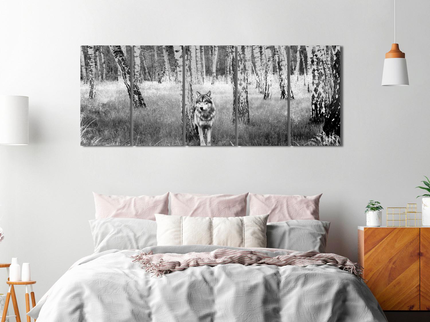 Canvas Lone Predator (5-part) narrow - wolf in a black and white forest