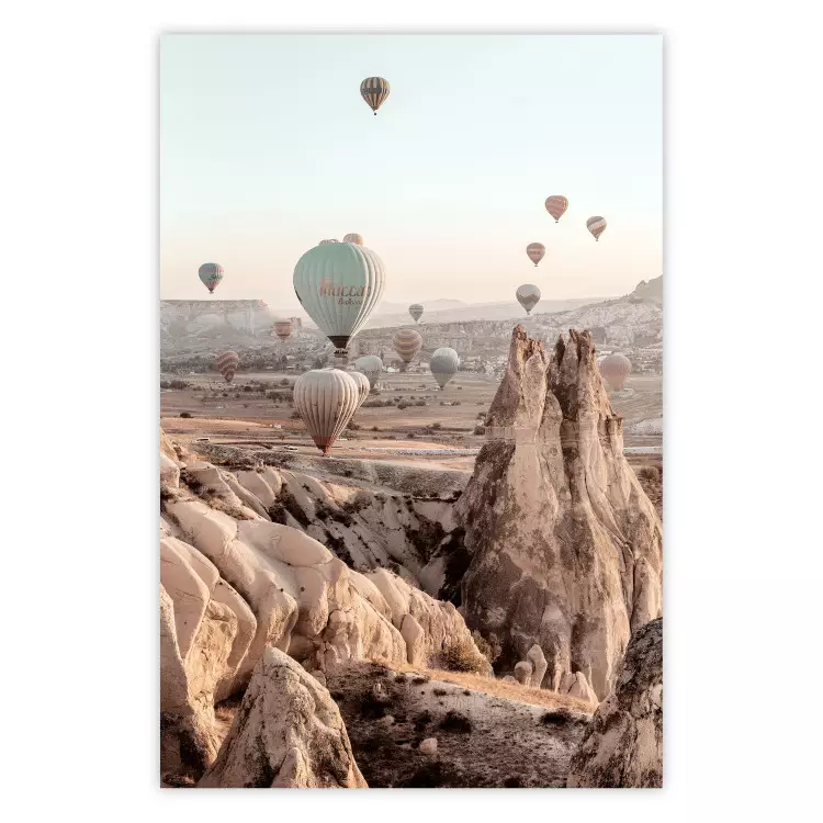 Magical Journey - landscape overlooking stone peaks and hot air balloons