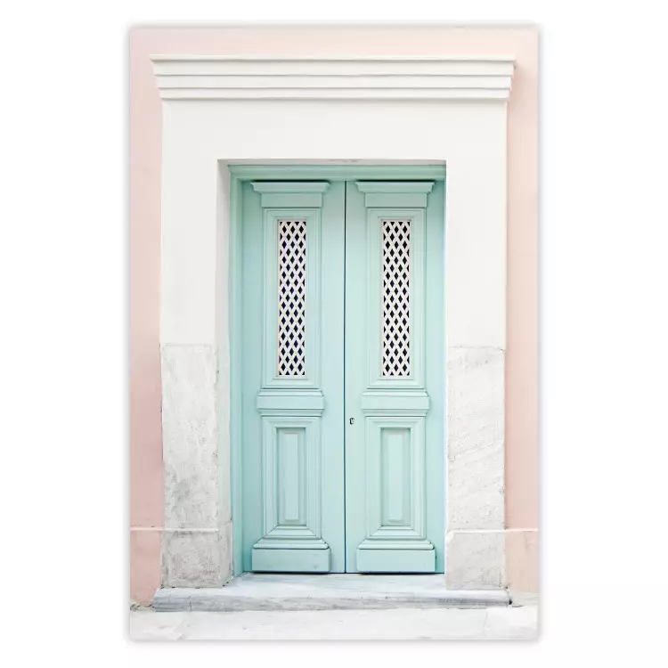 Minty Invitation - turquoise door against pastel architecture background