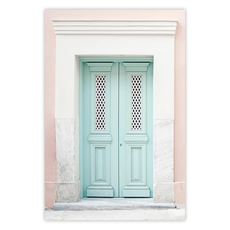 Minty Invitation - turquoise door against pastel architecture background