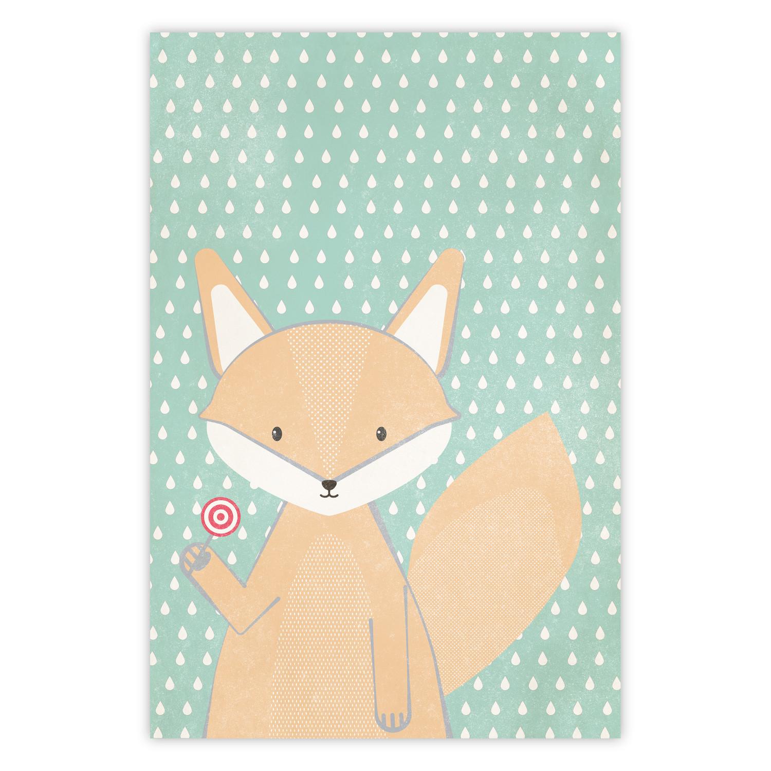 Poster Little Fox - funny animal with a lollipop in hand on polka dot wall