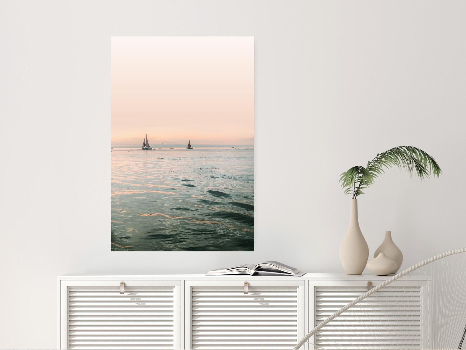 Poster Southern Breeze - seascape with sailboats against sunset backdrop