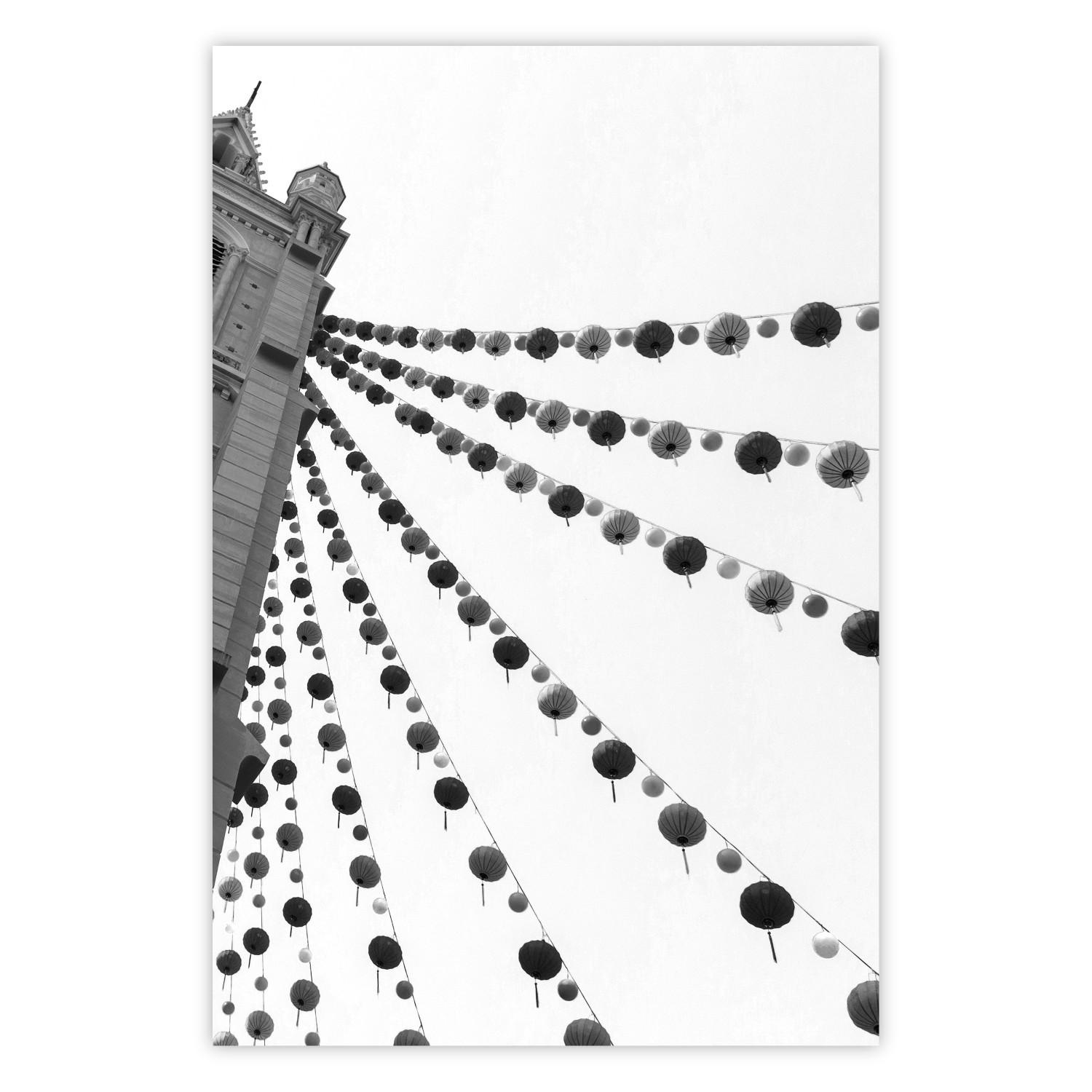 Poster Joyful Fair - gray architecture of a building with hanging decorations