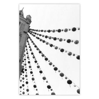 Poster Joyful Fair - gray architecture of a building with hanging decorations