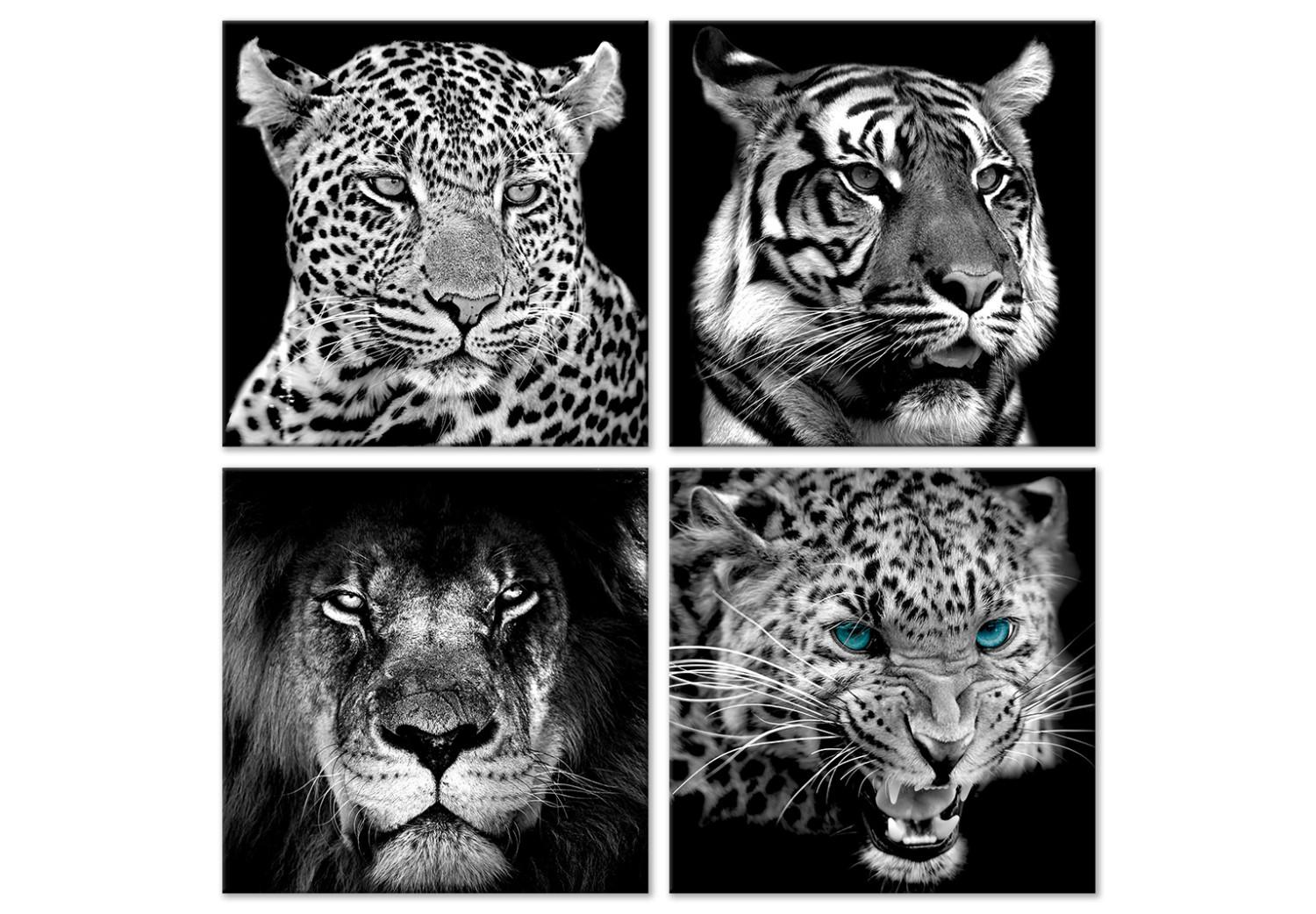 Canvas Big Cats (4-piece) - black and white lions in an oriental ambiance