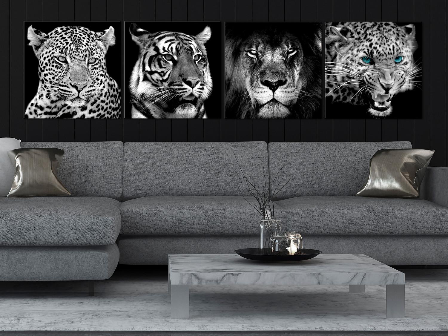 Canvas Big Cats (4-piece) - black and white lions in an oriental ambiance