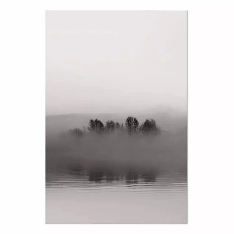 Poster Island of Mists - black and white lakeside landscape with mist-covered island