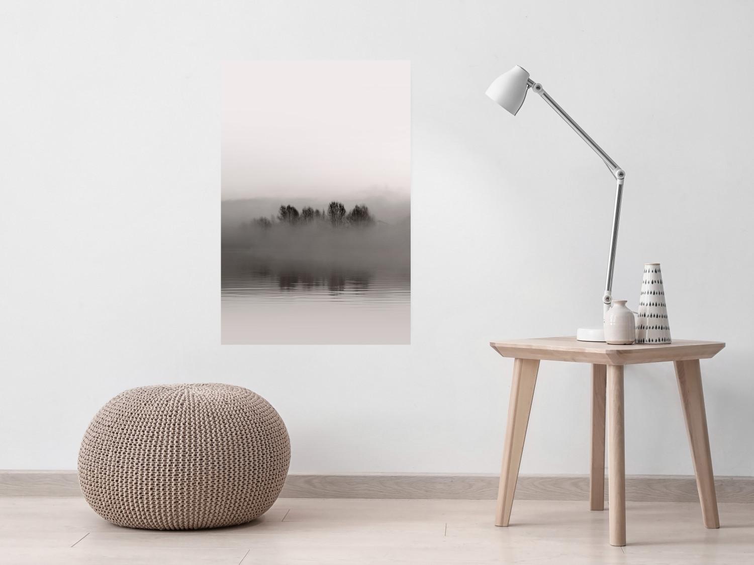 Poster Island of Mists - black and white lakeside landscape with mist-covered island